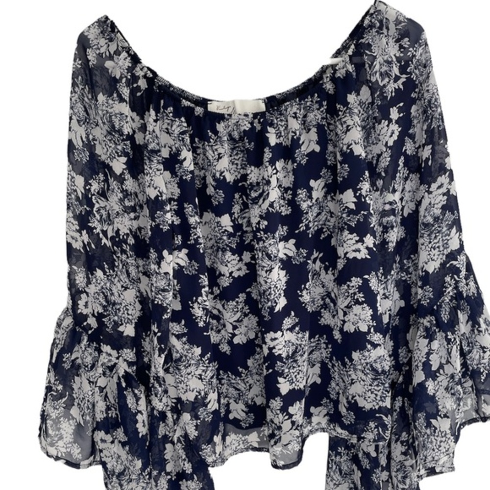 Vintage Havana‎ Navy Blue White Floral Bell Sleeve Off Shoulder Blouse Top